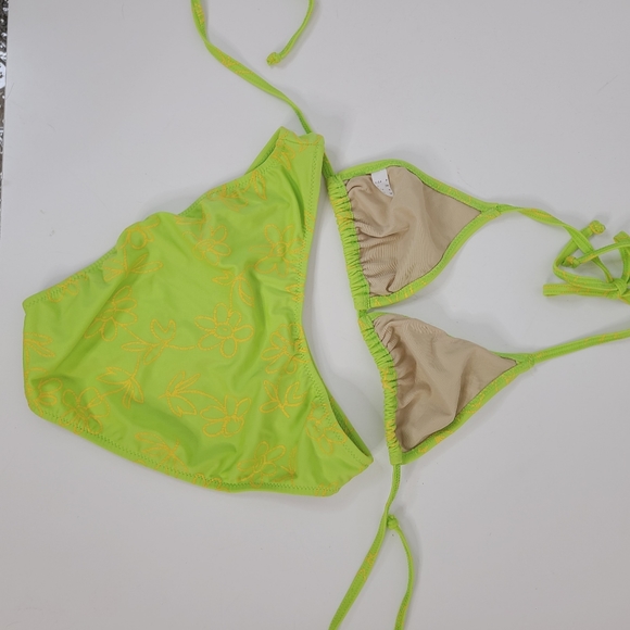 90s Y2K Vintage Neon Green Triangle Floral High Thigh Bikini Swim Suit - Picture 12 of 12